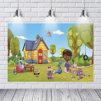 

Photography Backdrop Doc Mcstuffins Green Garden House Snowman Custom Photo Background Children Birthday Party Bakdrop Photocall