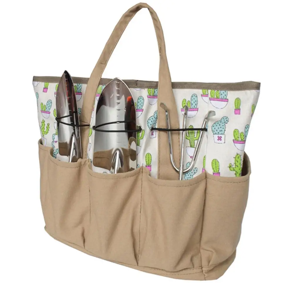 Garden Tool Storage Bag Cactus Pattern Canvas Outdoor Multi Pocket Gardening Tool Organizer Tote Bag Carrier
