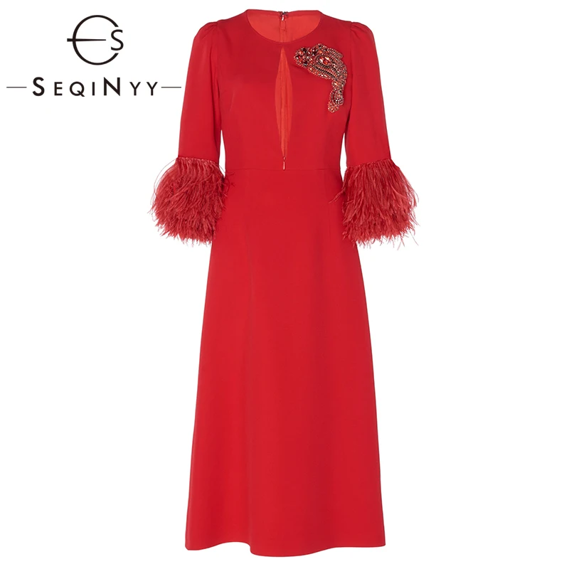 

SEQINYY Elegant Red Dress 2020 Spring Autumn New Fashion Design Women High Quality Feather Bead Crystal Midi Dress