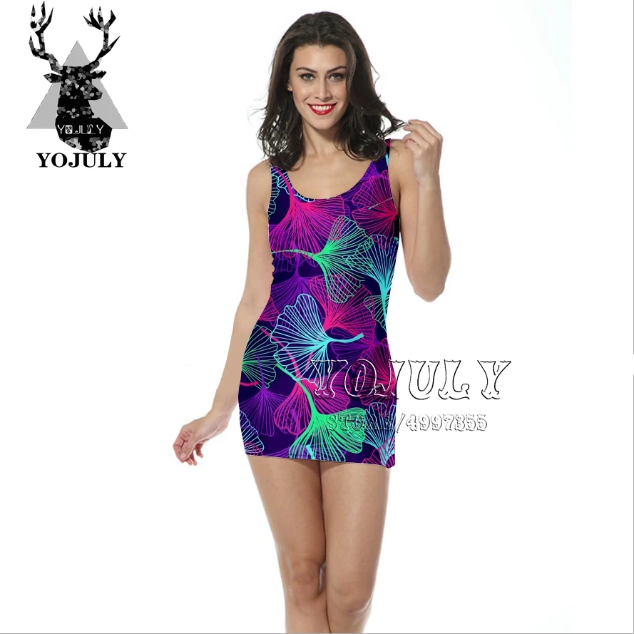 

YOJULY 3D Printed Harajuku Sexy Colorful Leaves Fashion Slim skinny Vest bag hip dress lady beauty Girl women's clothing HS10