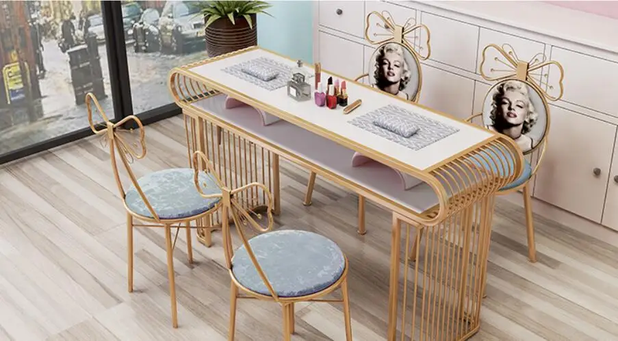 Nail table and chair set special price economical single double net red European iron art nail table nail table nail table economical glass single double nail table golden special offer nail shop suit