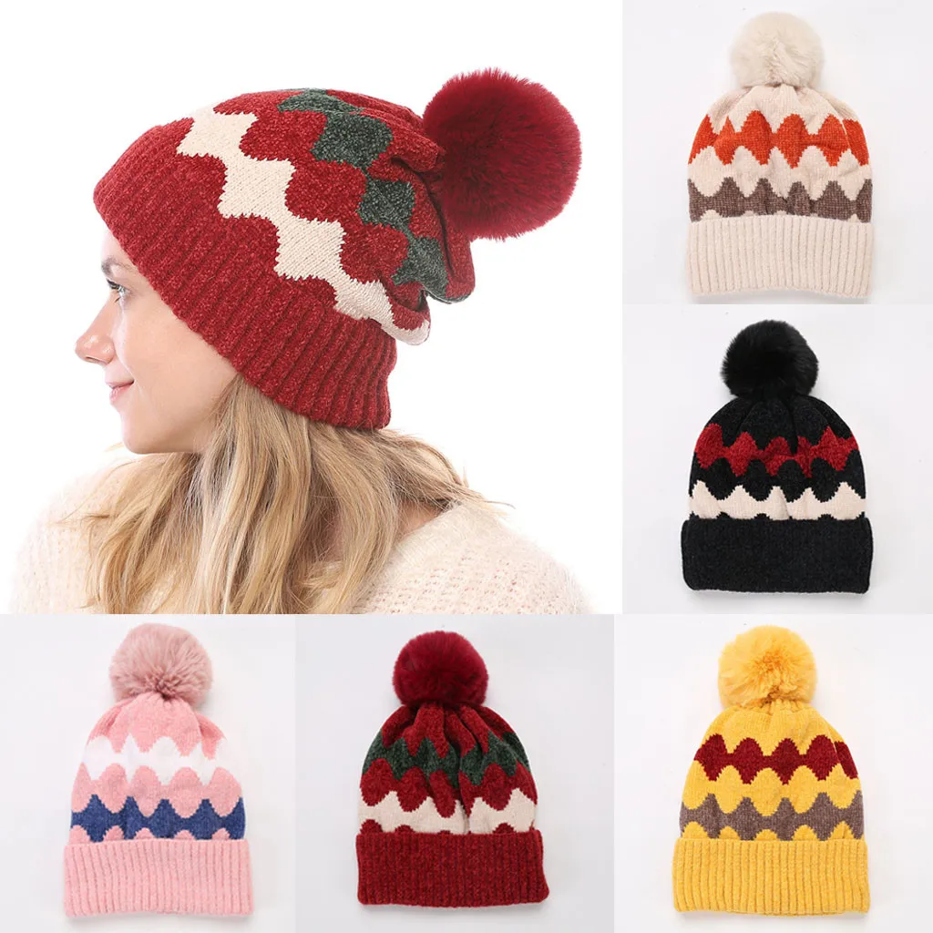Fashion Winter Women Knitted Hats Wave Pattern Warm Wool Pom Cashmere Beanies High Quality Casual Outdoor Caps | Аксессуары для