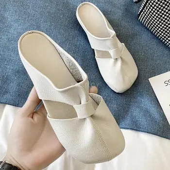 Zapatos Retro planos de piel auténtica para Mujer, sandalias a la moda, novedad de verano