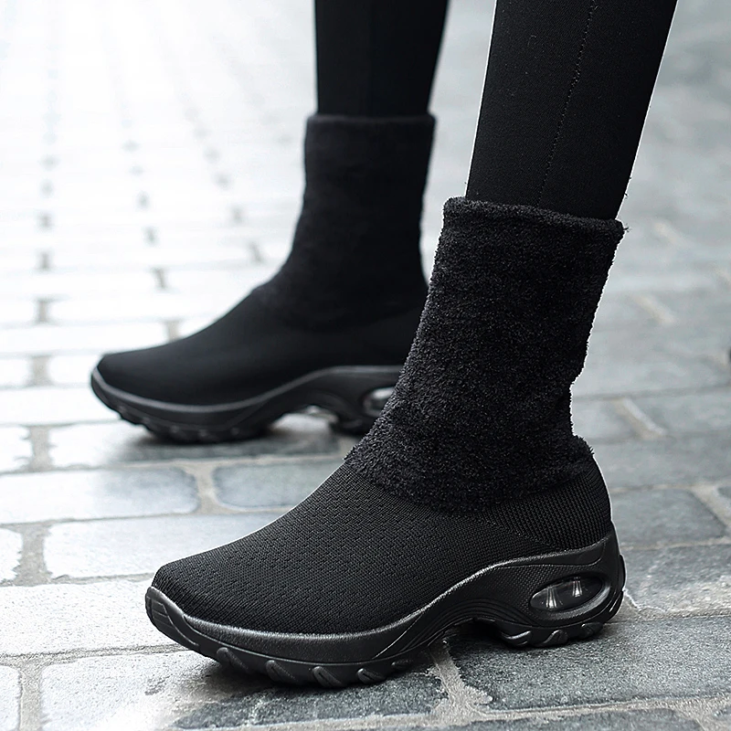 Женские зимние носки, кроссовки FlyKnit, женские кроссовки с высоким берцем, женские зимние ботильоны, плюшевая теплая амортизирующая прогулочная обувь 43
