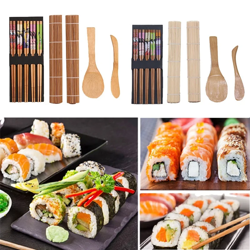 5pcs/set Rice Mold Sushi Making Tool Kits DIY Bamboo Sushi Maker Set Roll Cooking Tools Handmade Japanese Kitchen Tool