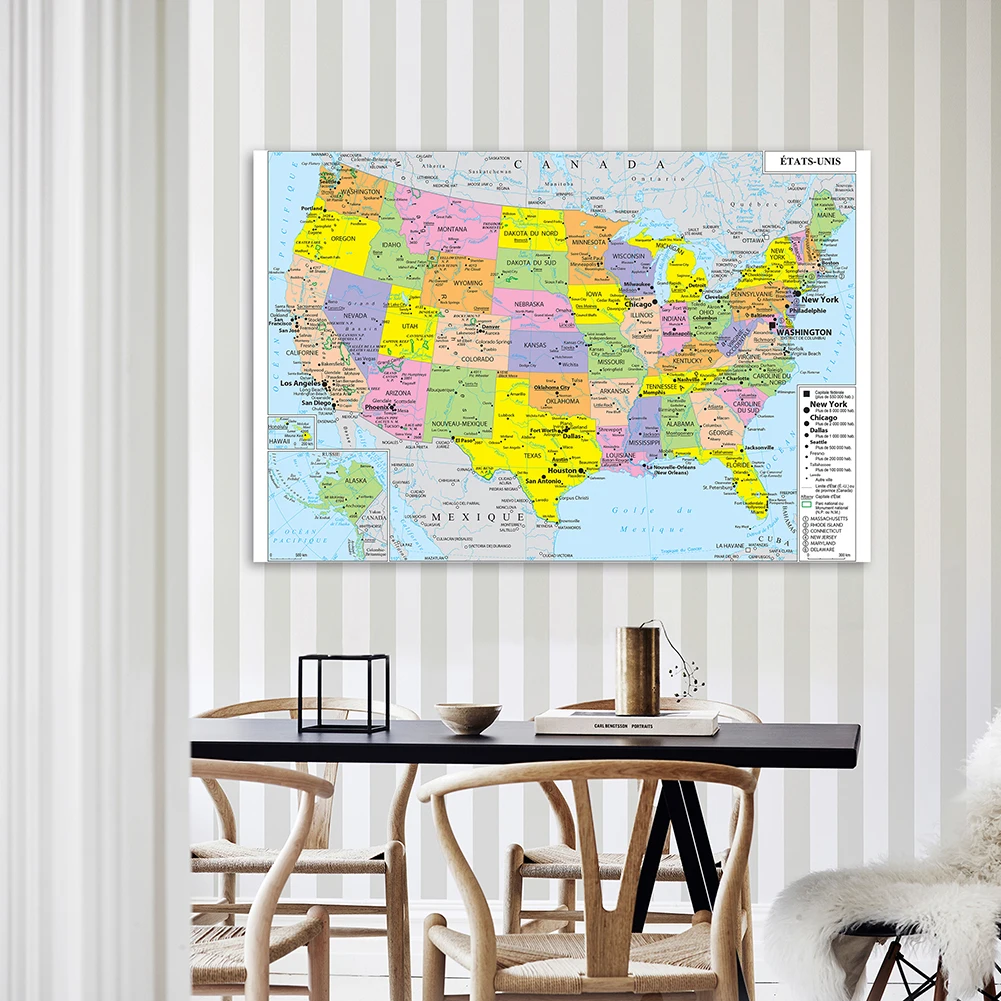 The United States Political Map America Map Wall Poster 150*100cm Non-woven Canvas Painting School Supplies Home Decor In French world map poster