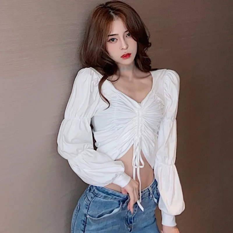 Sweet Exposed Navel Blouse Fashion Solid Color V-Neck Blouses Women Long Sleeve Shirt Tops