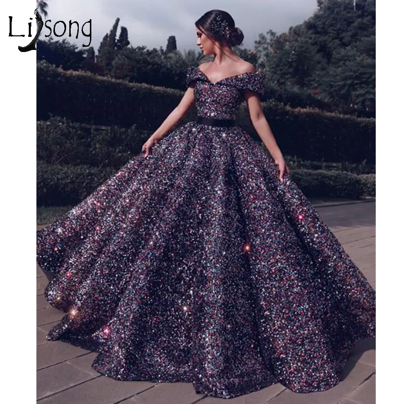 

Chic 2019 Sparkle Colorful Sequined Prom Dresses Lush Puffy Ball Gowns Mix Color Prom Gowns Dubai Robe De Soiree