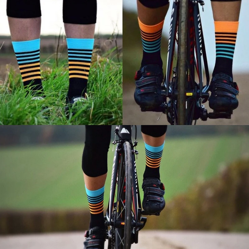 Unisex Men Outdoor Sports Cycling Socks Stripe Fluorescent Bike