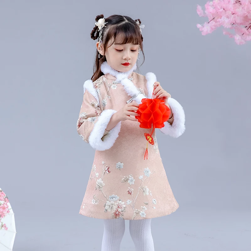 Hanfu/платье Чонсам для девочек зимнее теплое детское платье детское рождественское платье розового и синего цвета Новогодняя одежда принцессы
