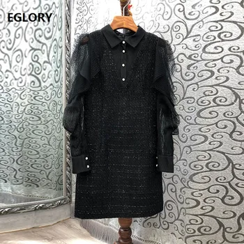 

High Quality New Wool Dress 2020 Autumn Winter Designer Women Turn-down Collar See Through Mesh Patchwork Long Sleeve Dress