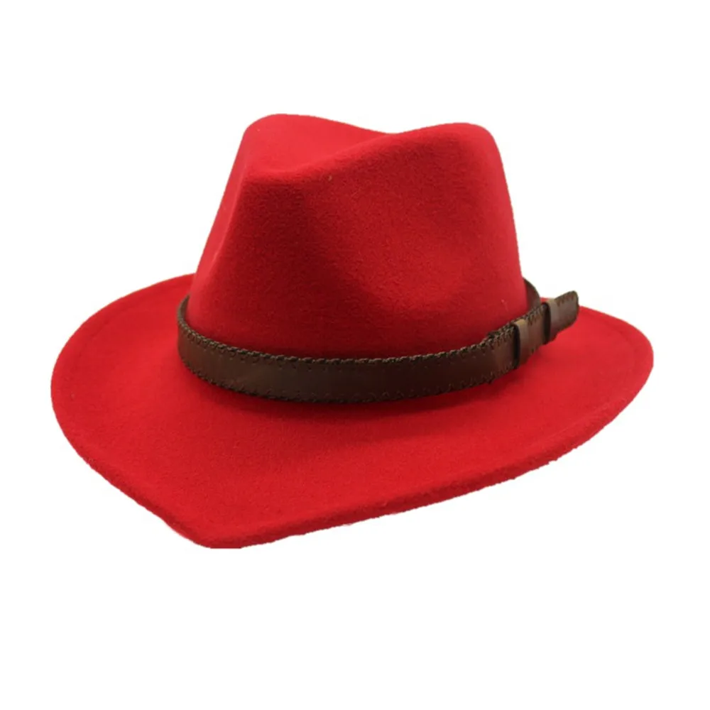 Аутентичная Мужская и женская модная ковбойская шляпа с поясом широкая шляпа из шерсти мягкая фетровая шляпа размер 56-58 см - Цвет: Red