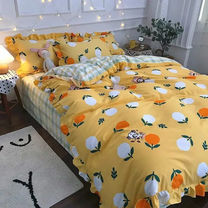 Four-piece set on a lotus leaf bed Korean style fragrant taro purple grid soft small fragrant style bed sheet three-piece set 