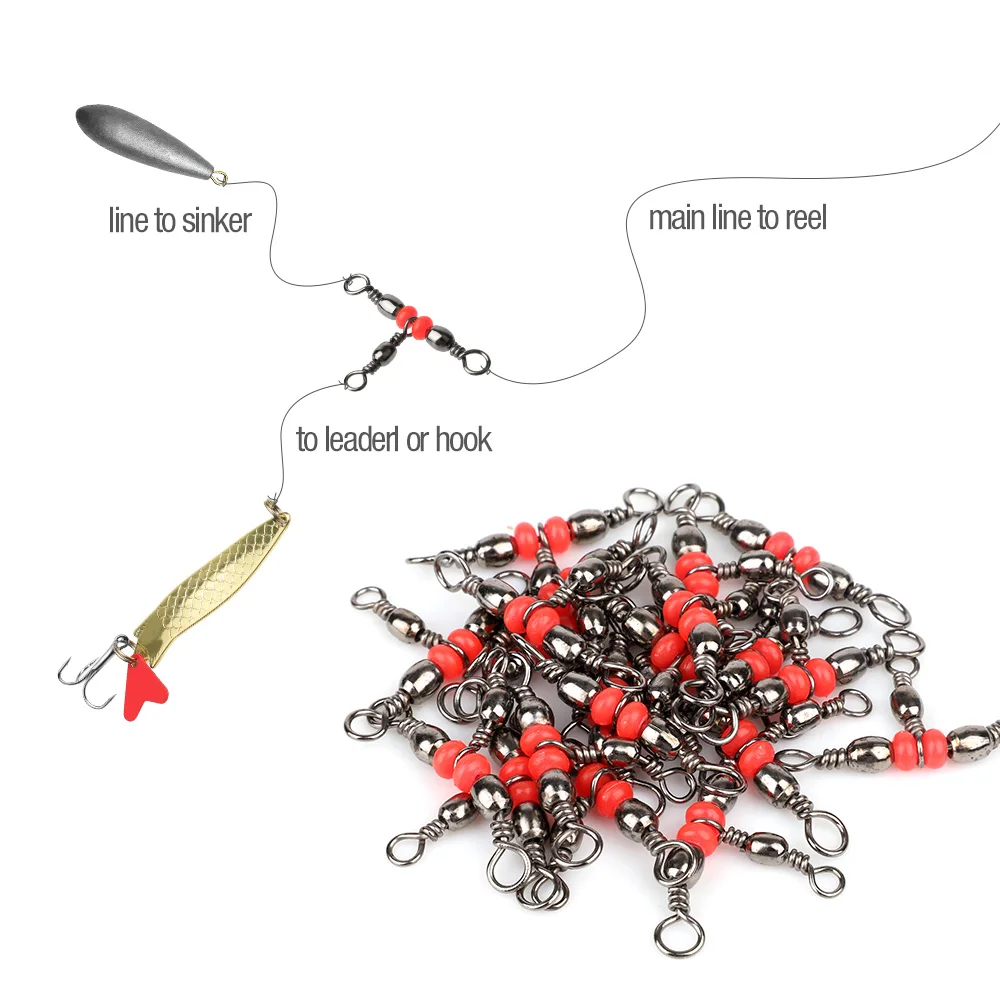 DONQL 1020pcs Three-Way Rotating Red Beads Fishing Rolling Rotary Joint Connector Three Fork Rotating Fishing Gear Accessories (6)