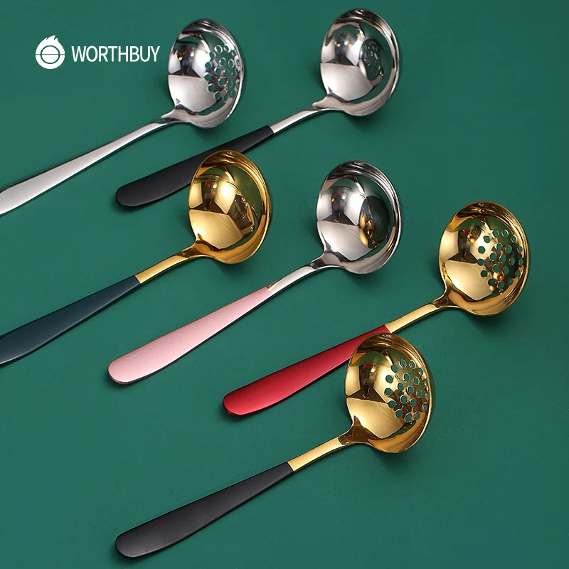 WORTHBUY Gold Soup Scoop 304 Stainless Steel Soup Ladle Colander With