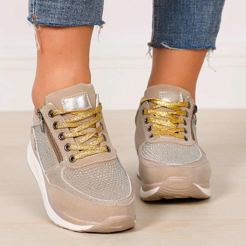 Zapatillas de deporte de encaje de otoño para mujer, zapatos vulcanizados informales con plataforma, zapatos con tela lentejuelas, calzado plano para mujer 2021