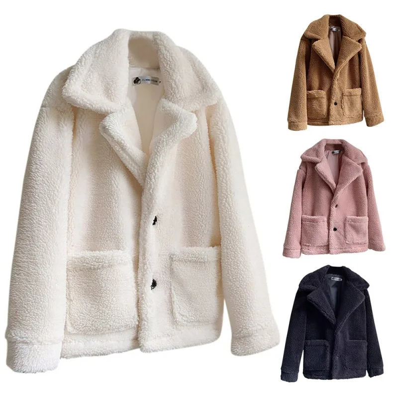 

Female Jacket Autumn Winter Thick Warm Fur Button Lapel Casual Plus Size Long Sleeve Double Pocket Wool Coat