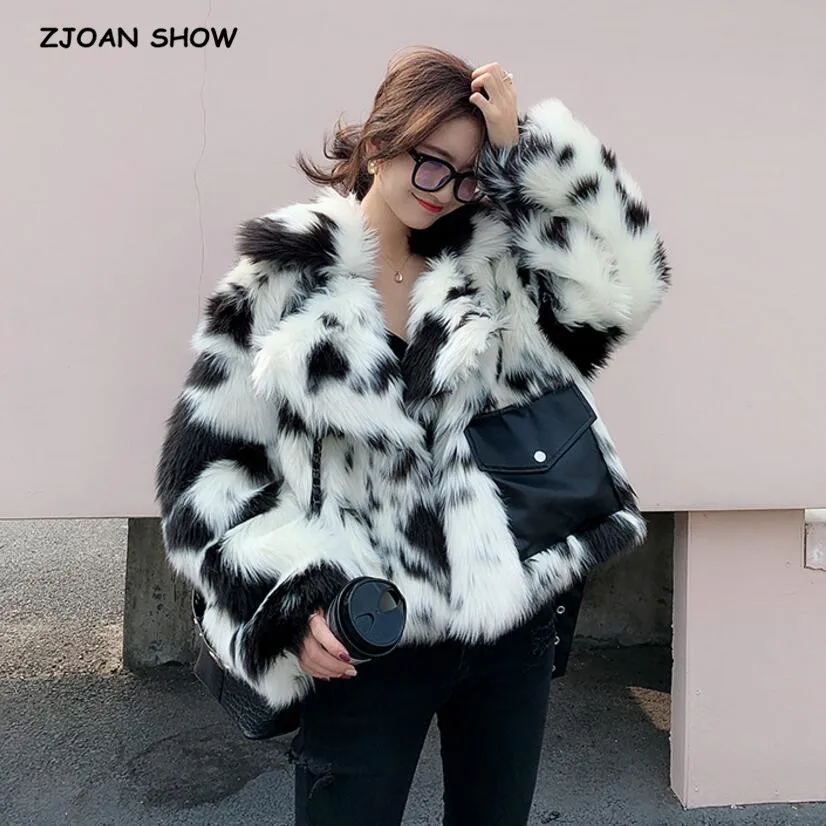 

HIGH QUALITY Winter Notched Collar Hairy Shaggy Tuscan Cow Leopard Fur Jacket Long sleeve Furry Fur Women Jacket Short Outerwear