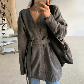 

SHENGPALAE 2020 Korea Chic Autumn Women's Sweater Cross V-neck Bandage Waistband Long Sleeve Solid Color Knitted Cardigan ZC132