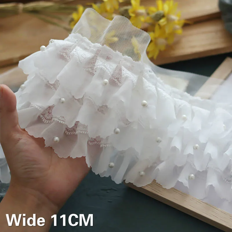 11 см широкий белый трехслойный 3d плиссированная шифоновая ткань вышивка бисером