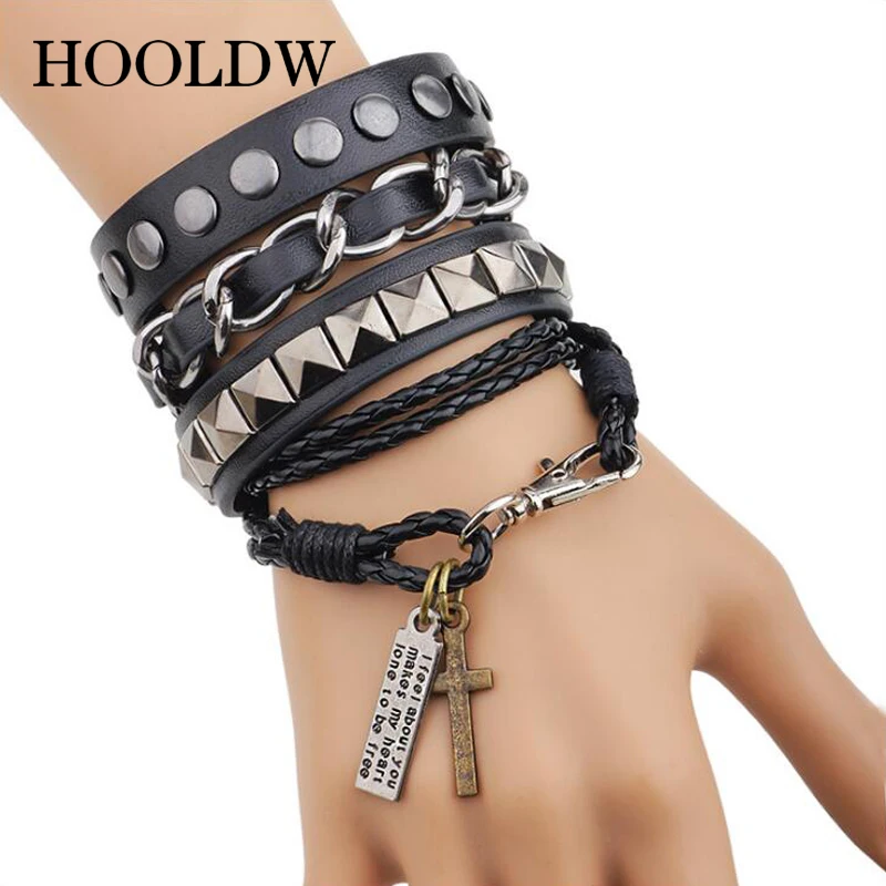 HOOLDW New Black Men Genuine Leather Bracelet Hippie Style Rivet Braided Bracelets Bangle Punk Wrap Wristband For Male Jewelry | Украшения