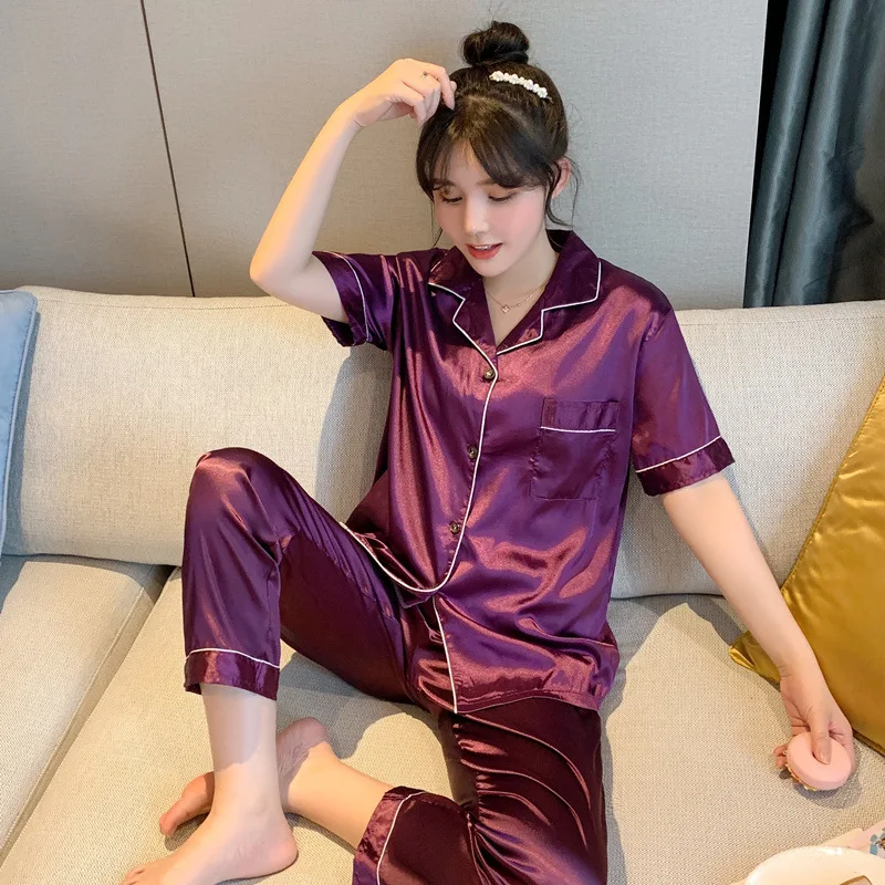 Spring Silk Satin Pajamas Couple Set Summer Short Sleeve Button-Down Sleepwear Women Men Solid Color Loungewear Plus Size Pj Set plus size silk pajamas Men's Sleep & Lounge