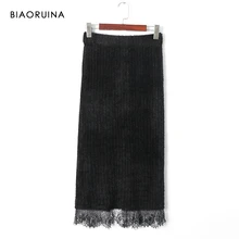 BIAORUINA женская черная меховая Лоскутная кружевная прямая юбка с высокой талией, осенняя Женская Сексуальная элегантная тонкая длинная юбка, новое поступление