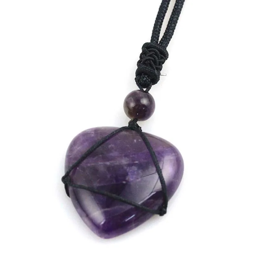 KFT Natural Rose Pink Quartz Crystal Amethysts Heart Shape Pendant Healing Crystal Quartz Reiki Rope Wrapped Stone Necklace - Image 3