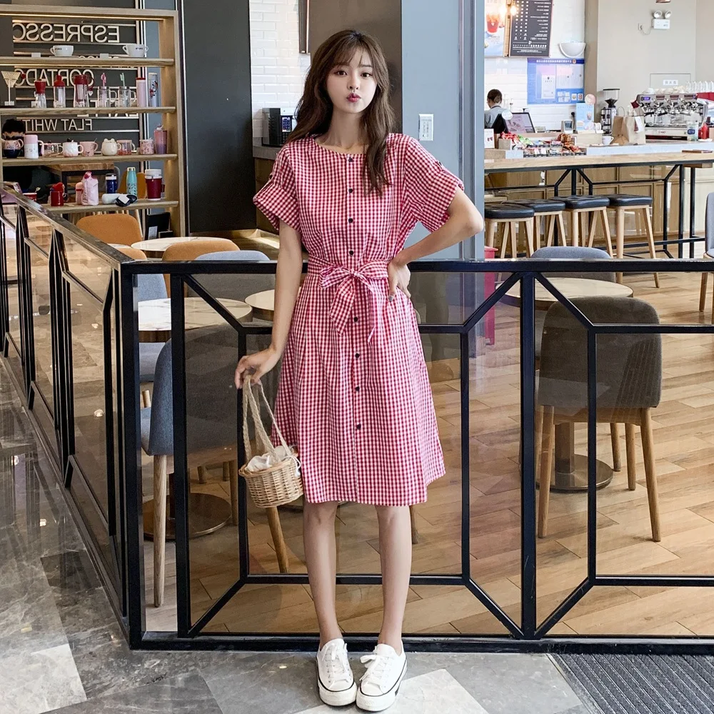 

Photo Shoot 2019 Summer New Style Korean-style Retro CHIC Wind Mid-length Waist Hugging Lace-up Plaid Shirt Dress Women's