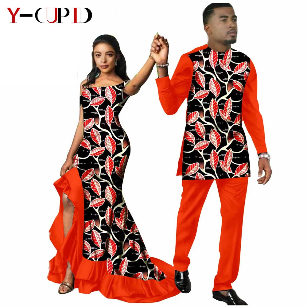 African Clothes For Couples Women Ruffles Long Dresses Matching Men Outfit Top And Pants Sets Party Wedding Vestidos S20C009