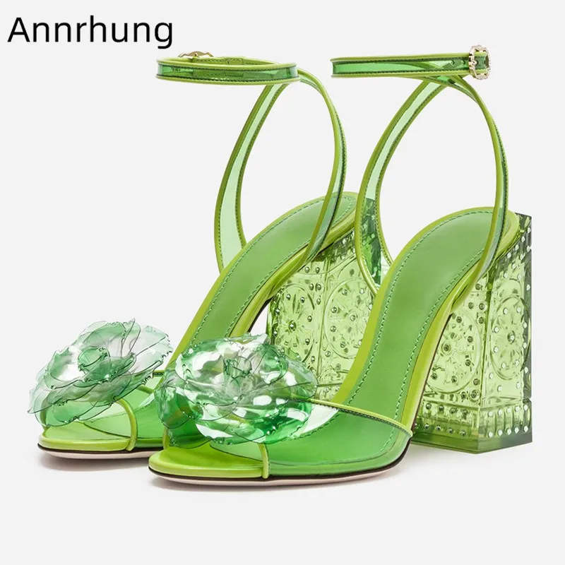 

Latest Jelly Color Sandals Women Sweet PVC Flower Shoes Peep Toe Clear Fretwork Block High Heels Candy Color PVC Shoes Sandalias