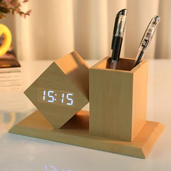 

Fashion Desktop Digital Wooden LED Alarm Clock with Sounds Control Temperature Pen Holder - Random Display Color