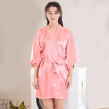 

Ladies Nightgown Satin Silk Kimono Robe Noble Pure Color Thin Cardigan Robe Summer Sexy Short Women Sleepwear Sexy Bathrobe