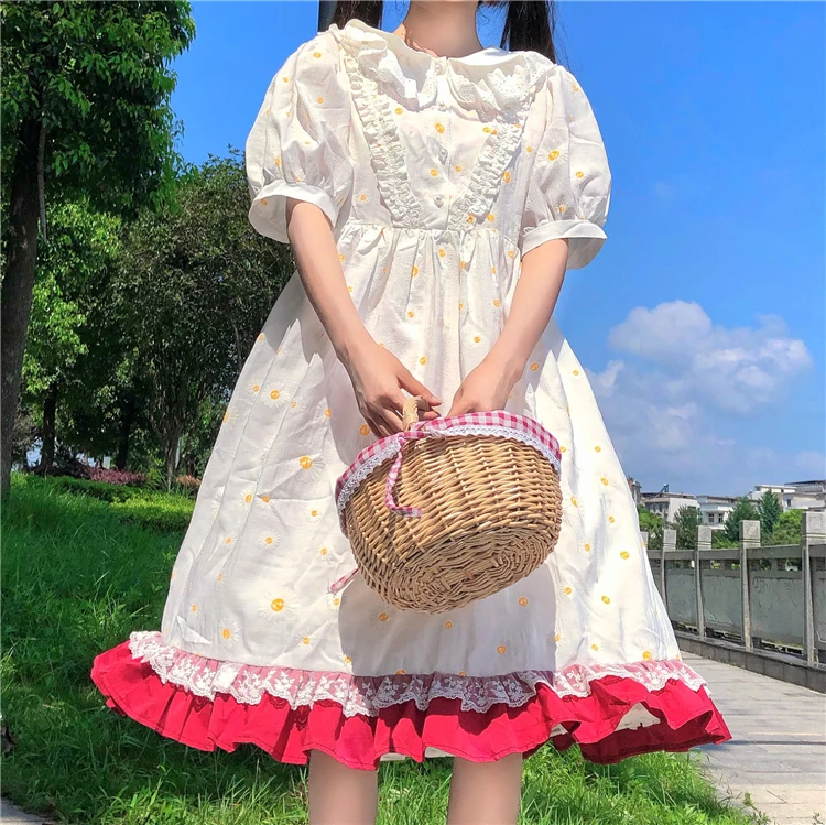 Japanese Lolita Style Sweet Soft Girl Dress Peter Pan Collar Cute Lace Splice Puff Sleeve Dresses Kawaii Ruffles Floral Dress