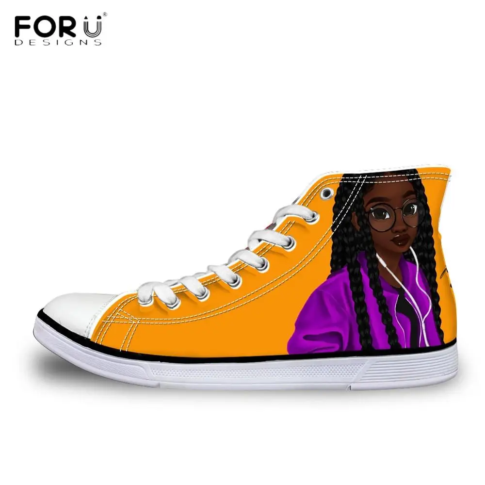 

FORUDESIGNS Black African Girl Woman High Top Canvas Shoes Breathable Lace Up Vulcanized Shoes Autumn/Spring Female Footwear