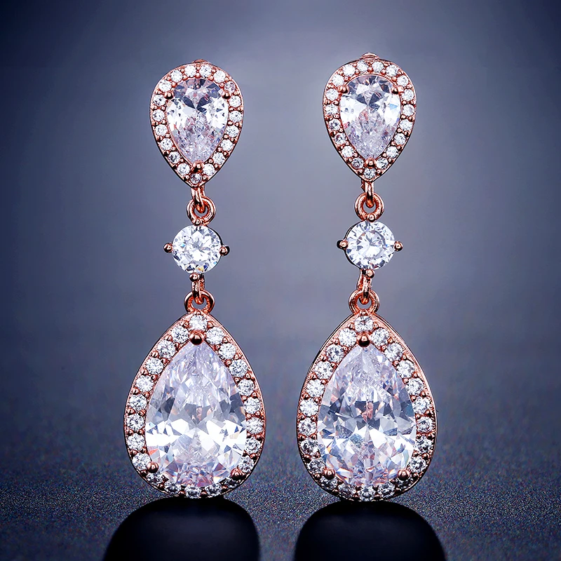 Rose Gold 2 UILZ цирконами Классические в форме капли в форме кубического циркония хрустальные свадебные серьги Свадебные украшения для невест невесты UE091 - Окраска металла: Rose Gold 2