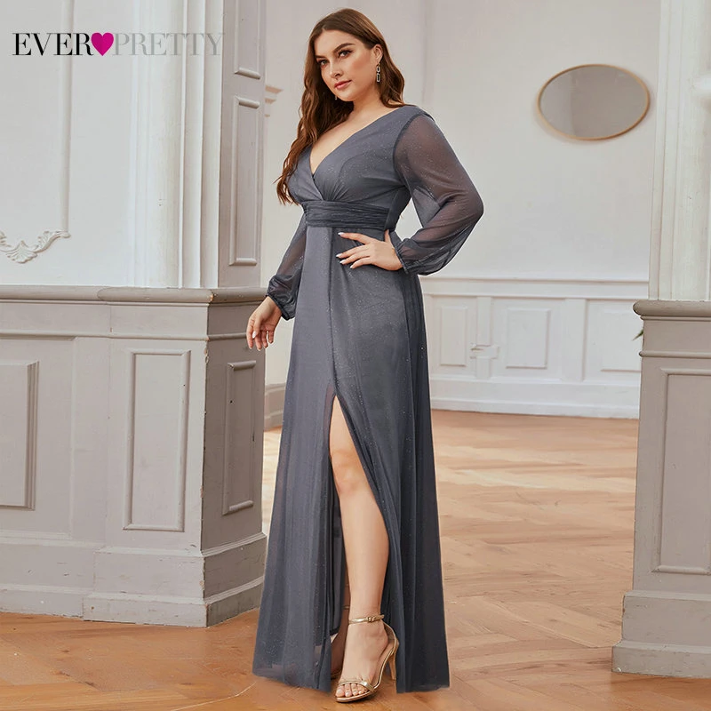 Plus Size Burgundy Prom Dresses Ever Pretty A-Line Deep V-Neck Side Split Long Sleeve Sexy Sparkle Formal Party Gowns Sukienki