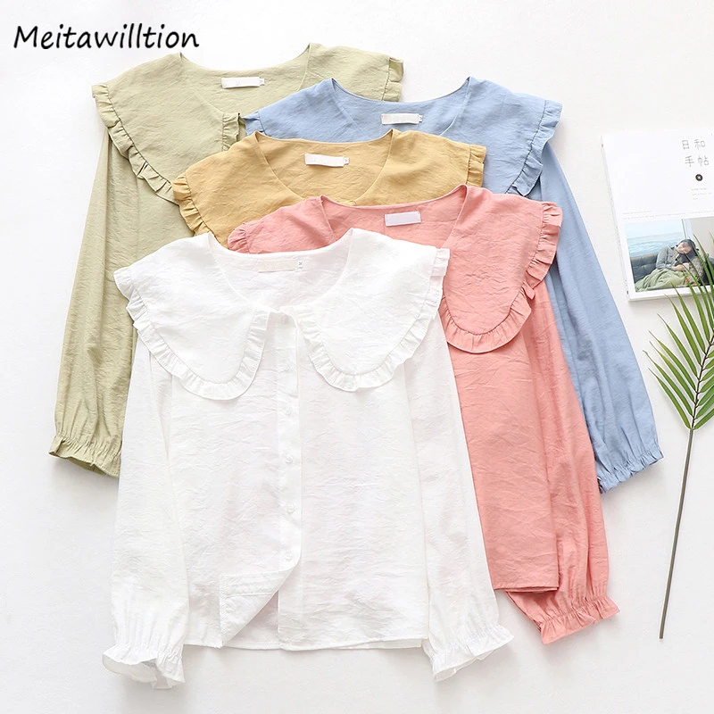 Blusa informal de algodón con manga larga para Primavera, camisa blanca con cuello Peter Pan para mujer, ajustadas coreanas, 2020