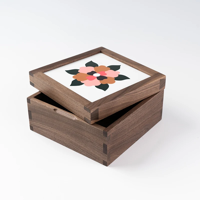 Black Walnut Storage Box for Jewelry/Sundries Vintage Ceramic Tile Cover  Wooden Box Traditional Dovetail Tenon Structure