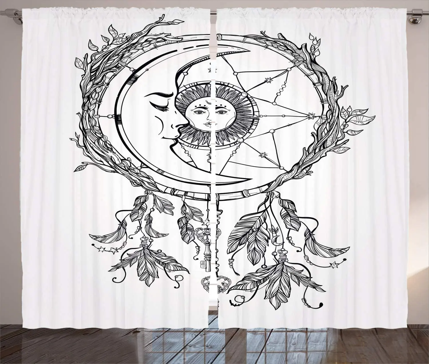 Шторы Mystic перья Ловец снов с солнцем и луной внутри космоса оконные драпировки
