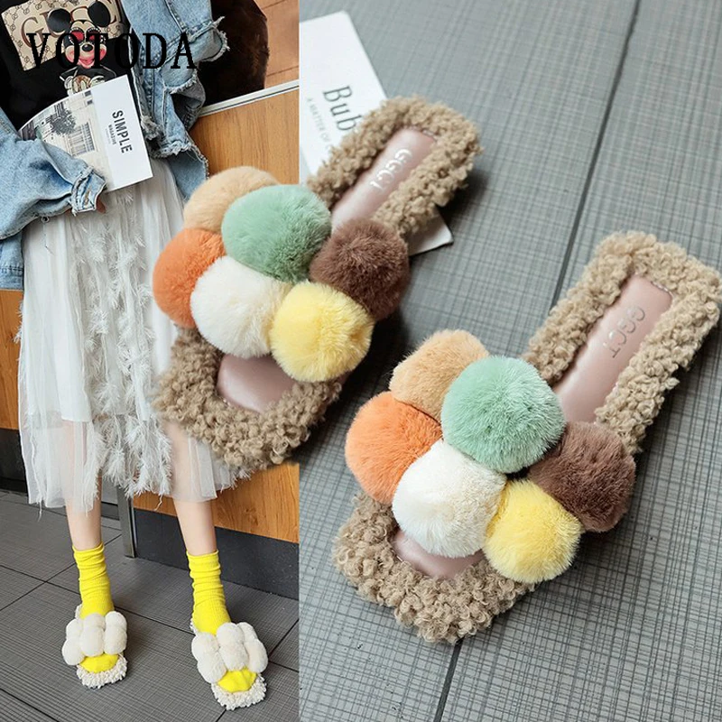

Winter Women Plush Slippers Pom Pom Fur Mules Cute Hair Ball Shoes Flats Square Toe Home Slippers Casual Women Open Toe Slides