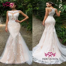 Изящная вышивка v-образным вырезом многоярусный отвесный Поезд свадебное платье шампанского Иллюзия уникальный дизайн спинки Сексуальная Русалка w0587