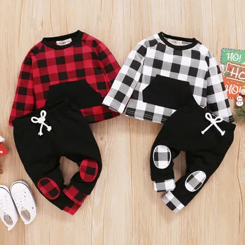 買取 服セットchilren服子供衣装を幼児ベビーボーイズガールズ綿長袖チェック柄トップス + パンツ冬のファッション6m-3t