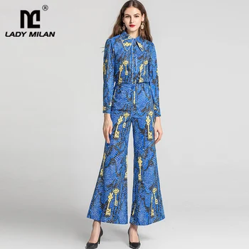 

Women's Runway Twinsets Turn Down Collar Long Sleeves Printed Shirt with Flared Pants Two Piece Set Suit