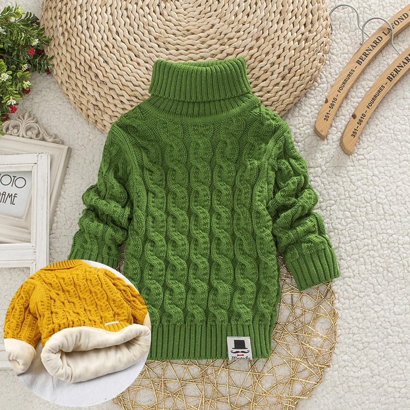 Детский свитер; зимний теплый свитер с плюшевой подкладкой; Однотонный вязаный пуловер с высоким воротником для мальчиков и девочек; Рождественский свитер; верхняя одежда - Цвет: plush green B
