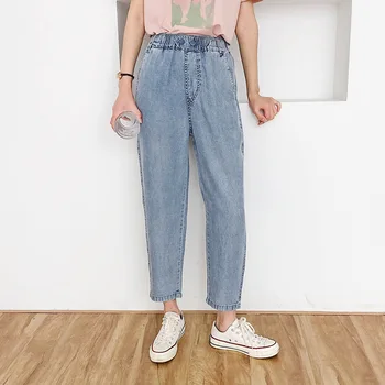 

2020 Summer Women Jean Tencel Straight Pants High Waist Denim Pants Solid Loose Pencil Pants Jean Women Long Trousers Streetwear
