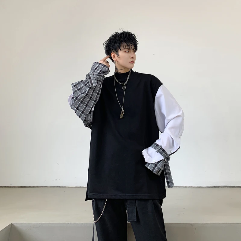 EWQ / Autumn Winter Men's Clothing Tide Personality Lattice Hit Color Patchwork Design Loose Sweatshirt For Male 19H-a213 - Цвет: graphcoloring