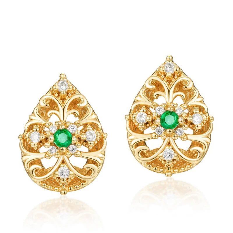 

Gothic 925 Sterling Silver Hollow Emerald Crystal Floral Stud Pierced Earrings for Women Baroque Genuine Gemstone Fine Jewelry