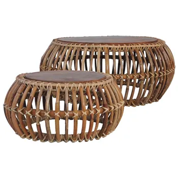 

2 pcs Coffee Tables Natural Rattan Round Tables for Living Room Garden Outdoor Furniture