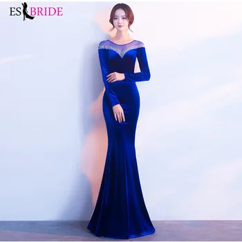 

Royal Blue Velour Evening Dresses ES2881 Long Sleeve Round Neck Autumn Winter Sexy Little Mermaid Formal Dresses 2019